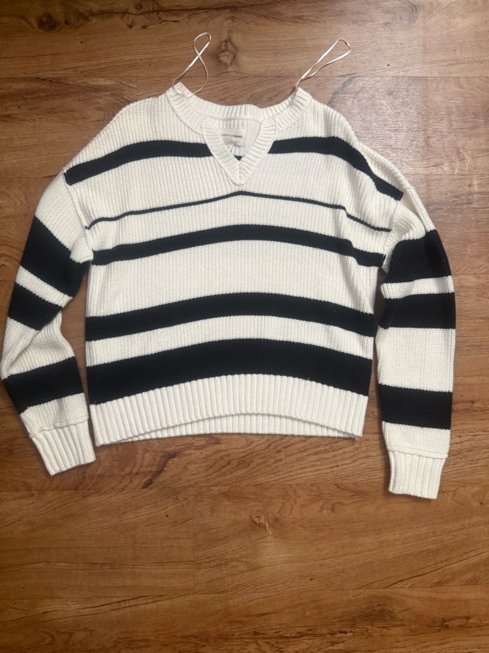 Lucky Brand Black & Cream Striped V-Neck Sweater
